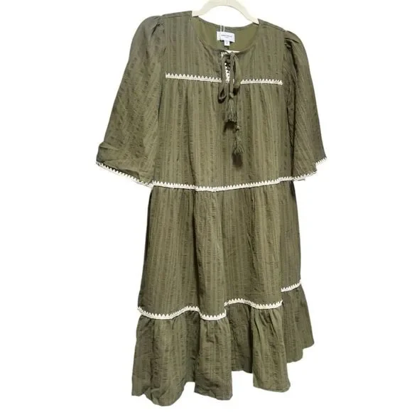 Annie Wear Olive Tiered Mini Babydoll Dress Pockets Short Sleeve NWT - Picture 9 of 15